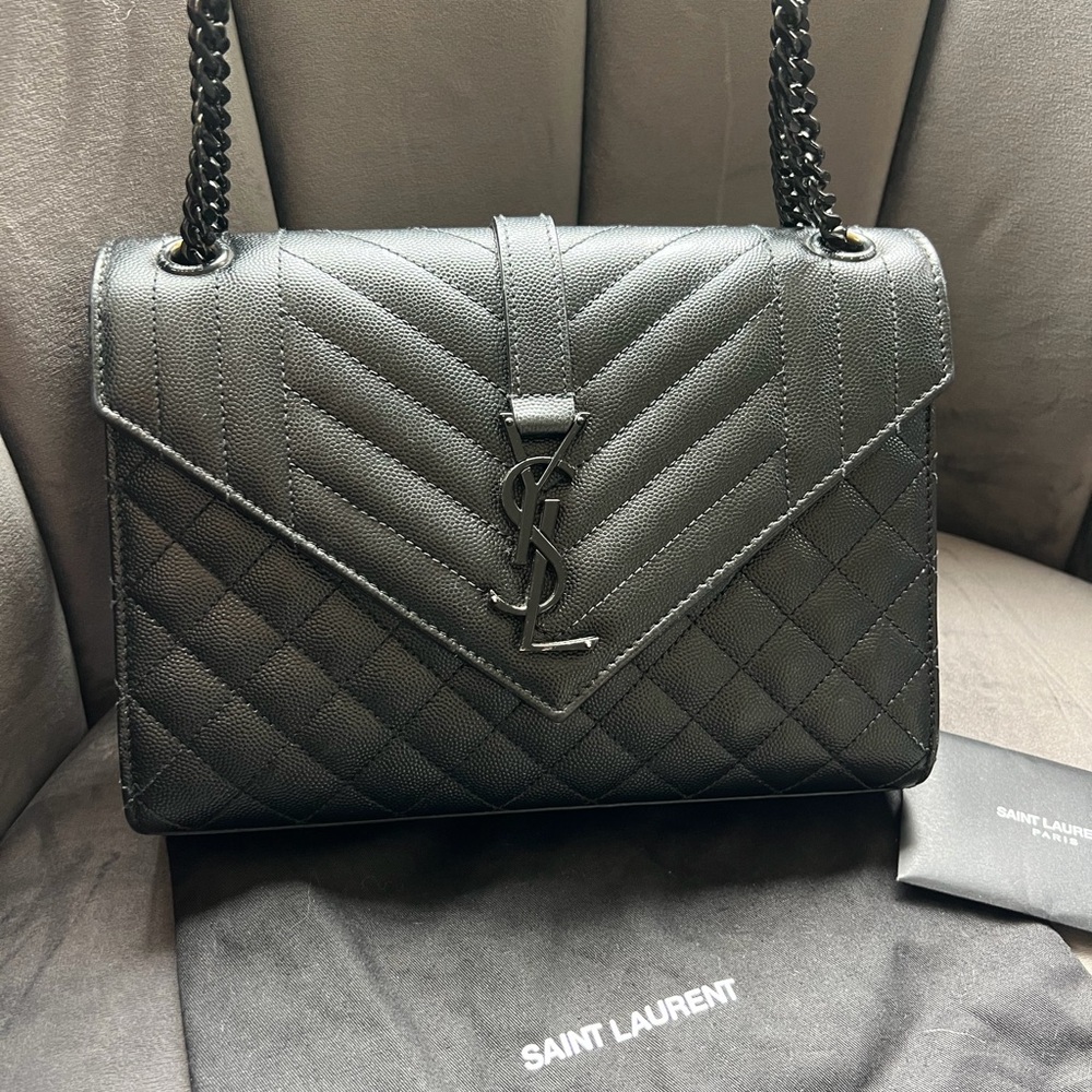 YSL All Black Mixed Matelasse Medium Shoulder Bag - Picture 1 of 15